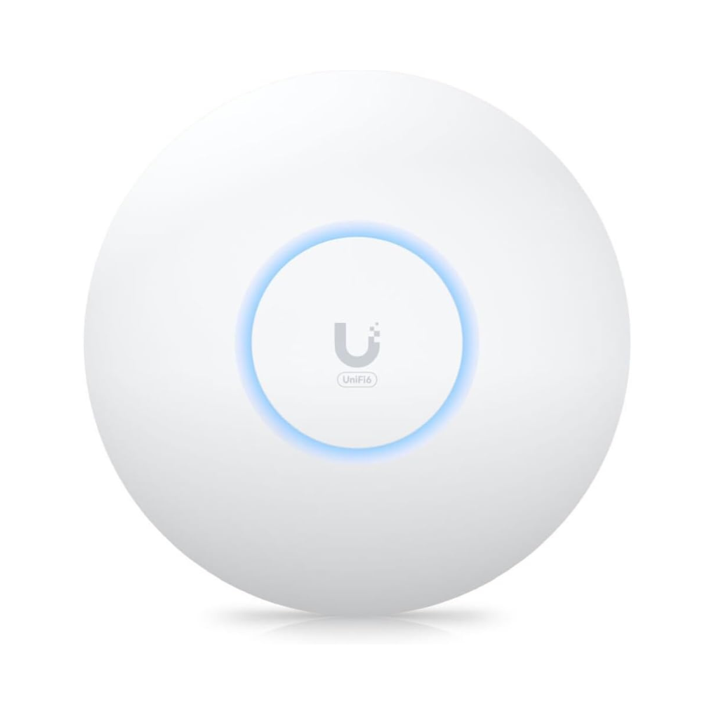 White network device with blue light on a white background
